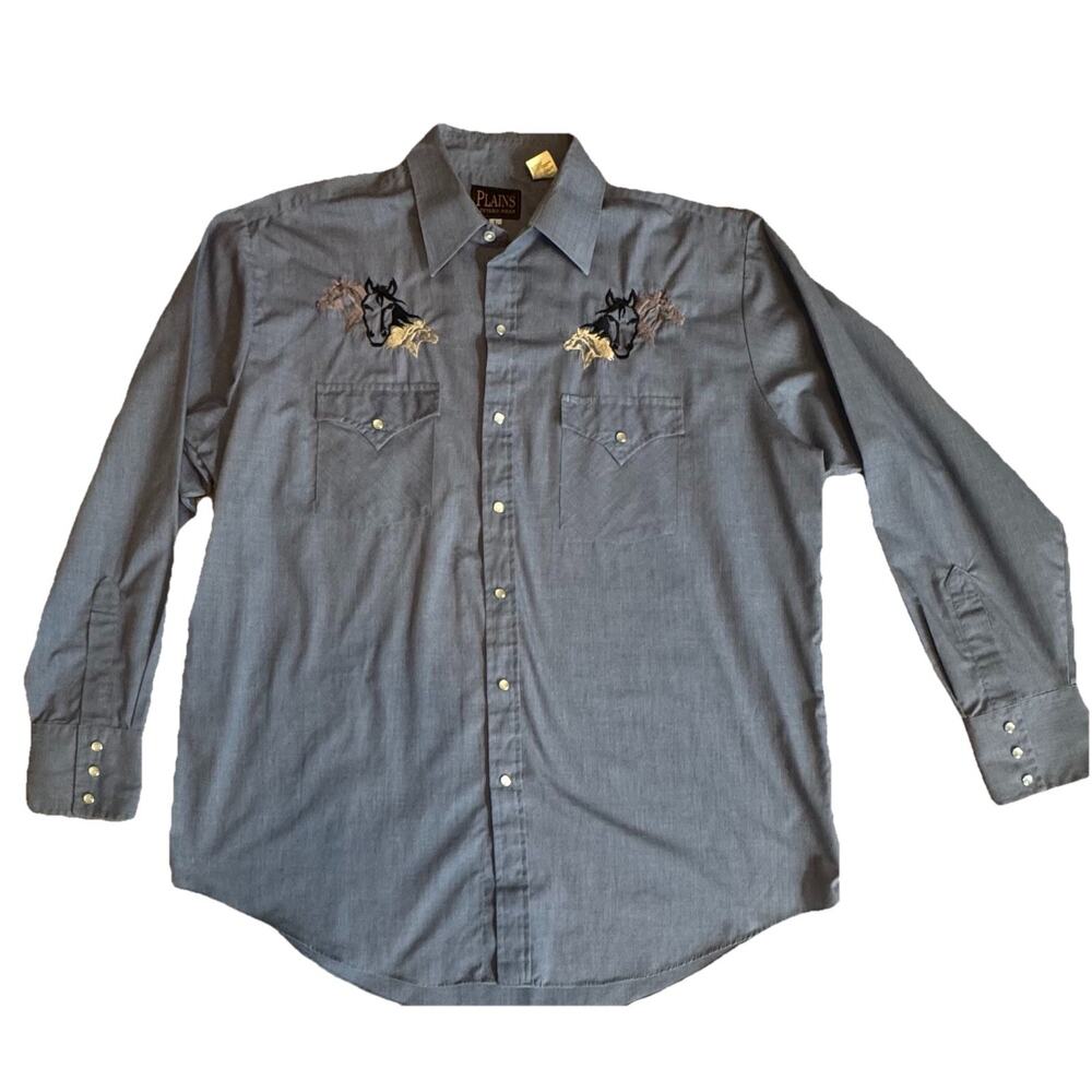 VTG Plains Western Wear Pearl Snap Shirt L Horse Embroidered Cowboy Rodeo